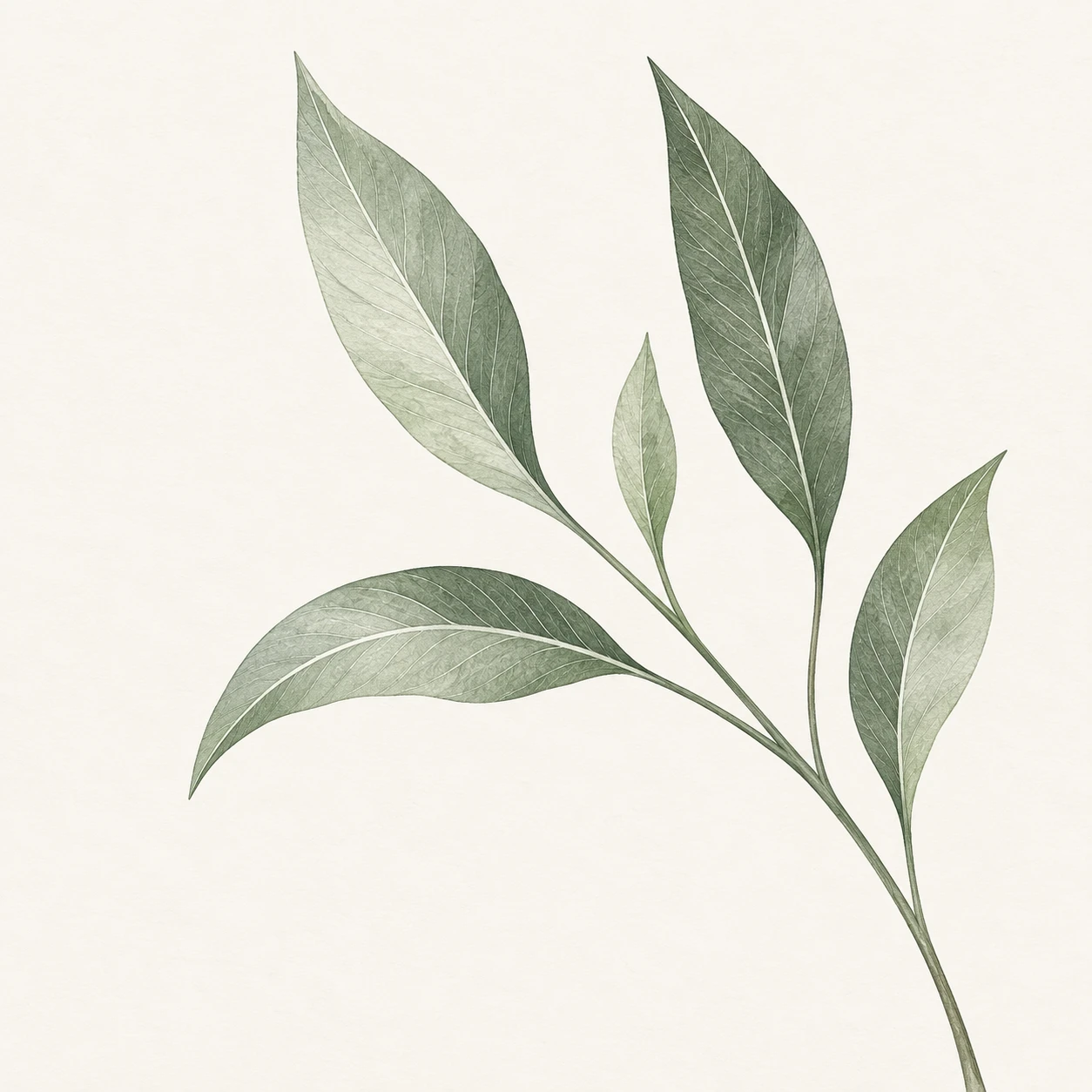 A delicate sage-green botanical branch, drawn in ink and watercolor